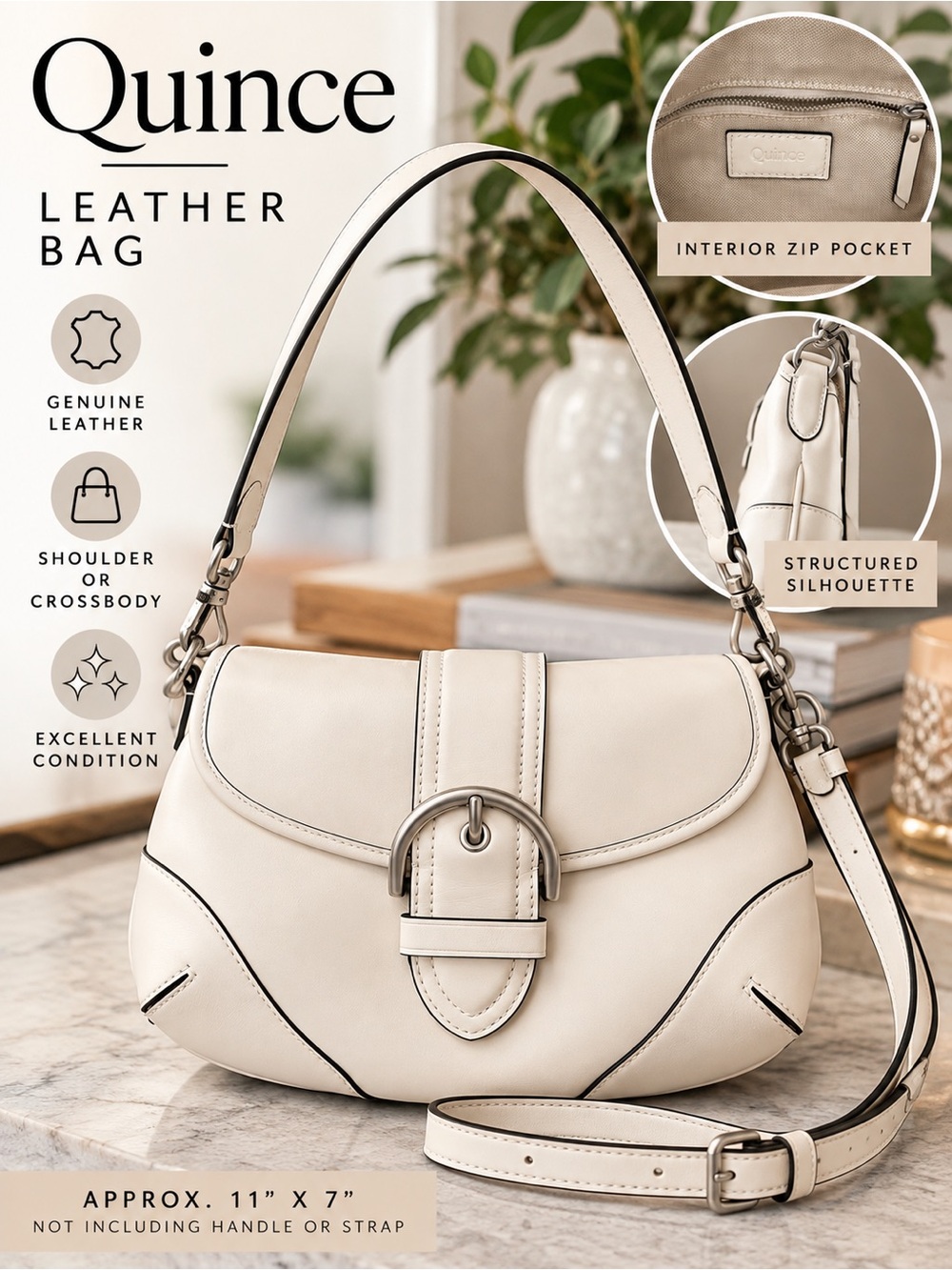 Quince Ivory Leather Buckle Shoulder Bag Crossbody Purse Convertible
